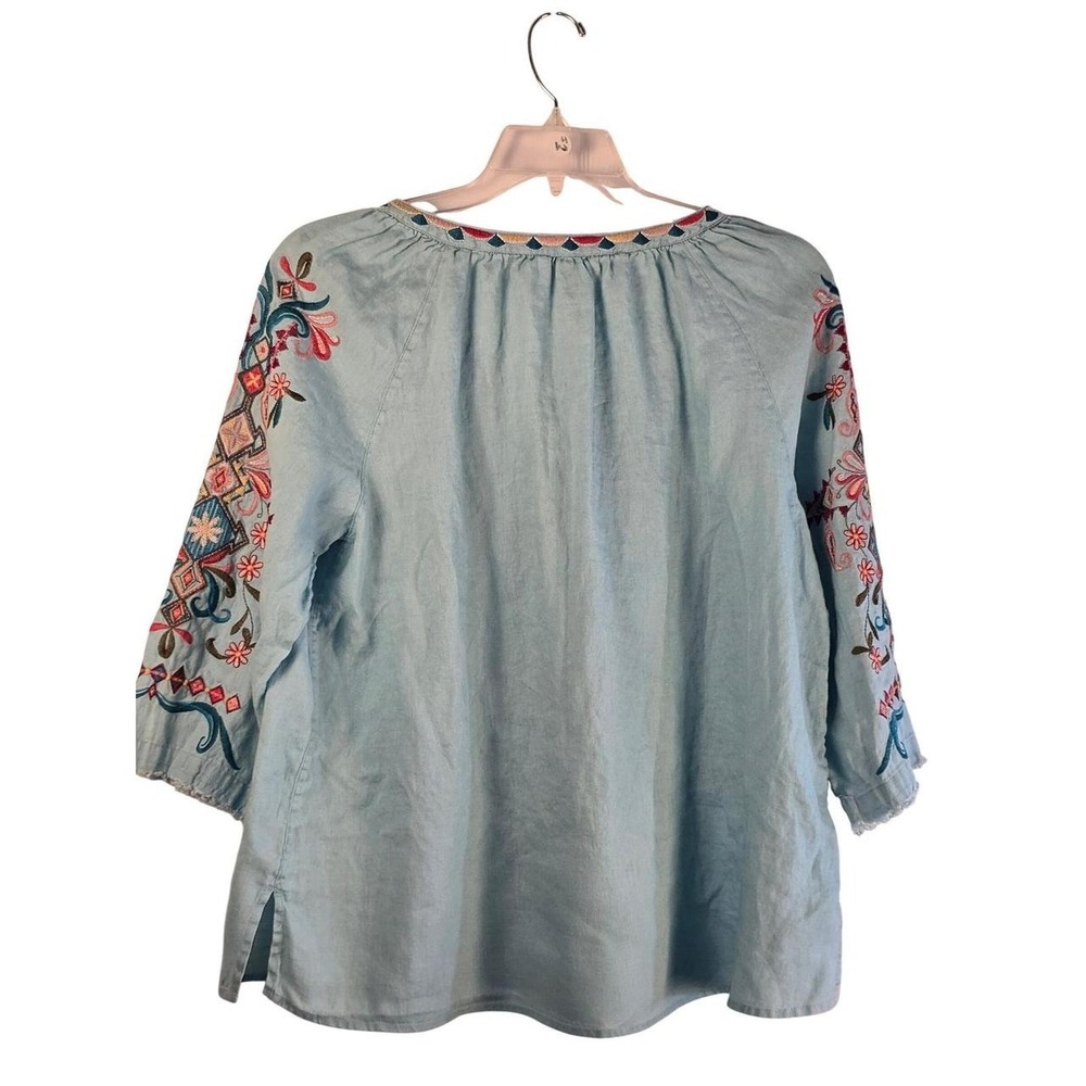 John Mark Womens XL Blue Embroidered 100% Linen Tassel Tie Peasant Blouse Boho - Picture 2 of 8